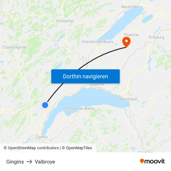 Gingins to Valbroye map
