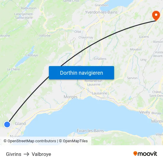 Givrins to Valbroye map