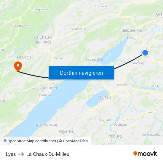 Lyss to La Chaux-Du-Milieu map