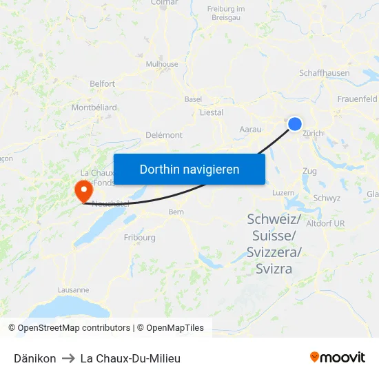 Dänikon to La Chaux-Du-Milieu map