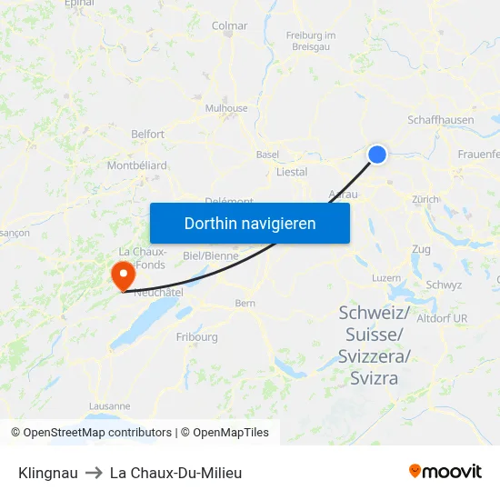 Klingnau to La Chaux-Du-Milieu map