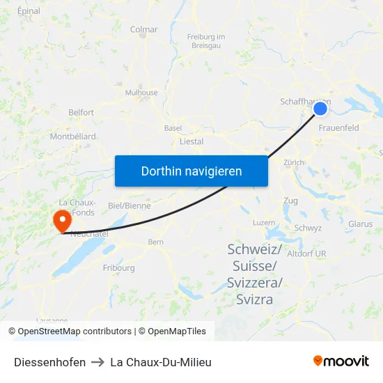 Diessenhofen to La Chaux-Du-Milieu map