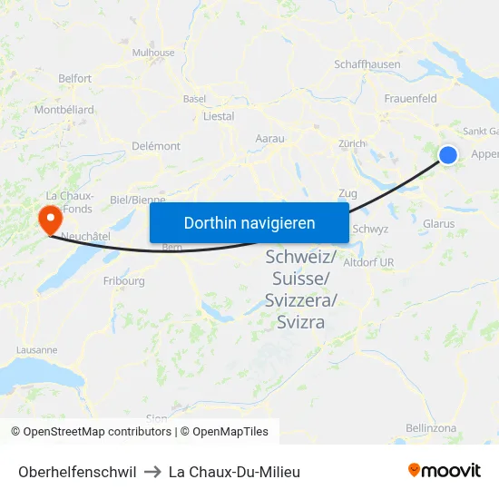 Oberhelfenschwil to La Chaux-Du-Milieu map