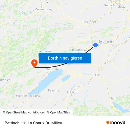 Bettlach to La Chaux-Du-Milieu map