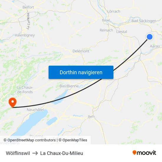 Wölflinswil to La Chaux-Du-Milieu map