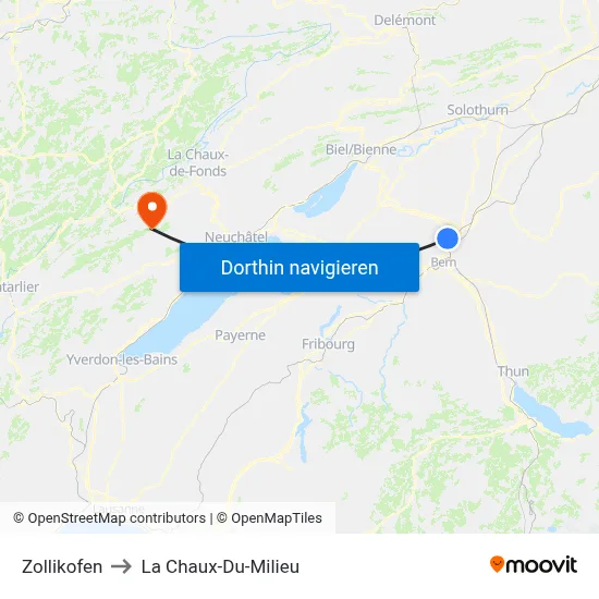 Zollikofen to La Chaux-Du-Milieu map