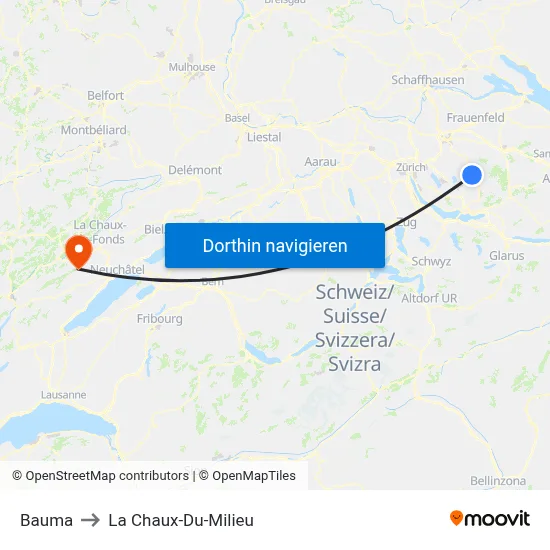 Bauma to La Chaux-Du-Milieu map
