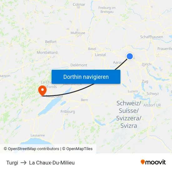 Turgi to La Chaux-Du-Milieu map