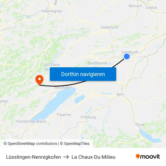 Lüsslingen-Nennigkofen to La Chaux-Du-Milieu map