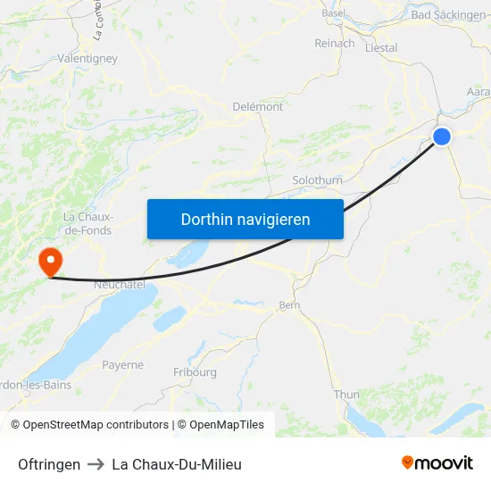 Oftringen to La Chaux-Du-Milieu map