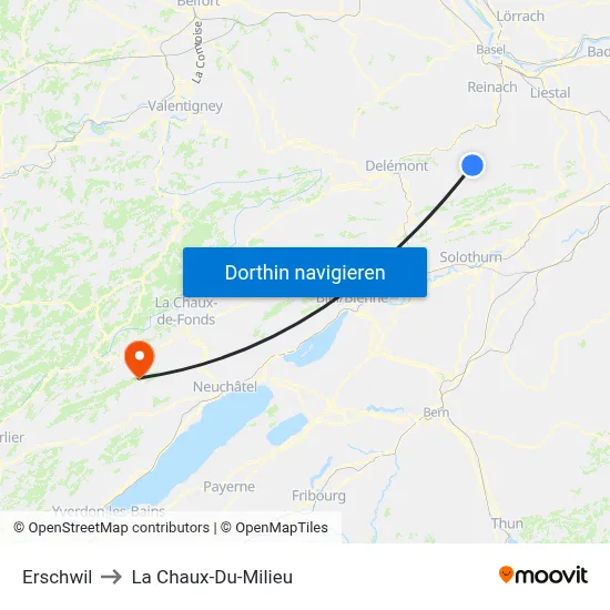 Erschwil to La Chaux-Du-Milieu map