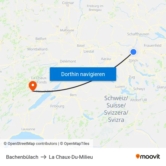 Bachenbülach to La Chaux-Du-Milieu map