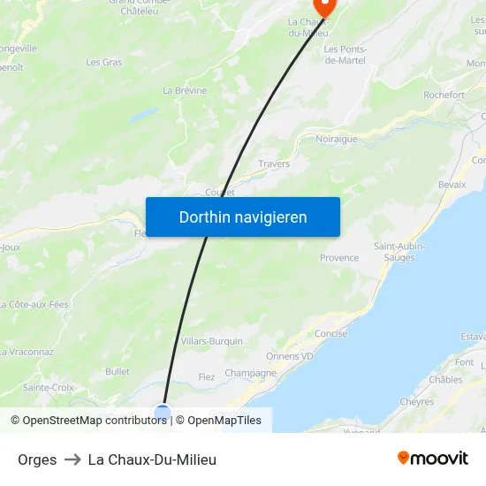 Orges to La Chaux-Du-Milieu map