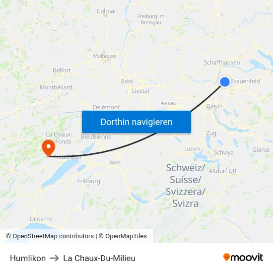 Humlikon to La Chaux-Du-Milieu map