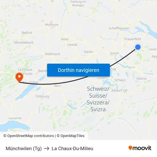 Münchwilen (Tg) to La Chaux-Du-Milieu map