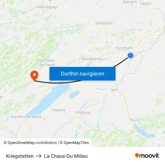 Kriegstetten to La Chaux-Du-Milieu map