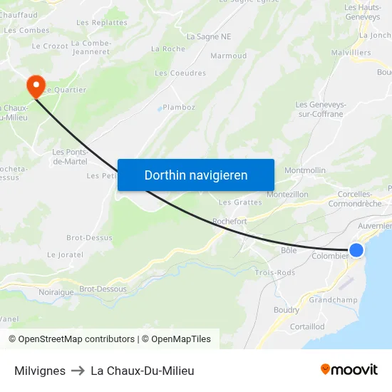 Milvignes to La Chaux-Du-Milieu map
