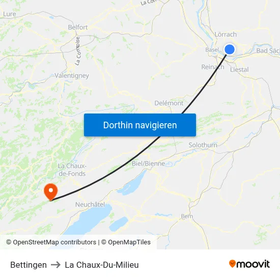 Bettingen to La Chaux-Du-Milieu map