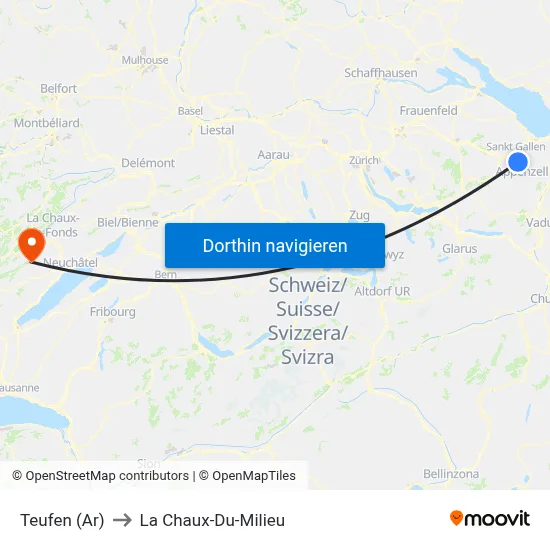 Teufen (Ar) to La Chaux-Du-Milieu map