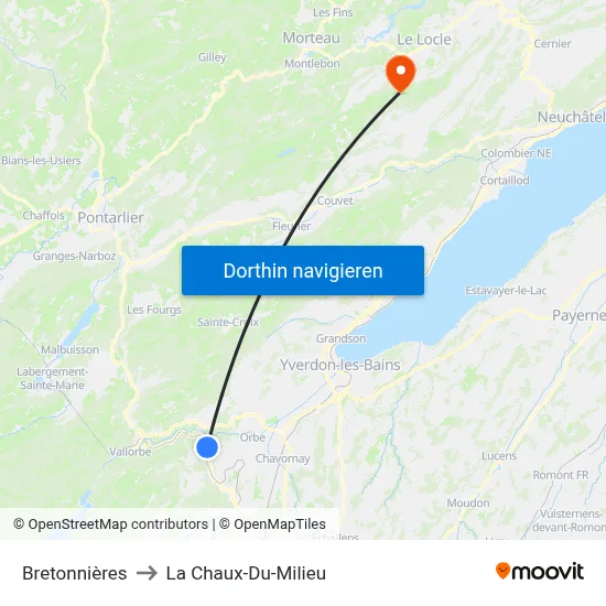 Bretonnières to La Chaux-Du-Milieu map