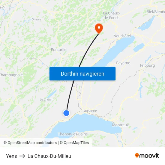 Yens to La Chaux-Du-Milieu map