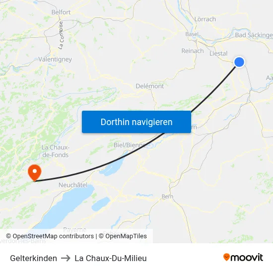 Gelterkinden to La Chaux-Du-Milieu map