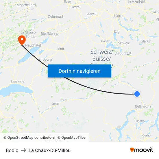 Bodio to La Chaux-Du-Milieu map