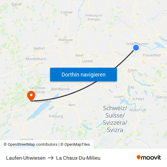 Laufen-Uhwiesen to La Chaux-Du-Milieu map
