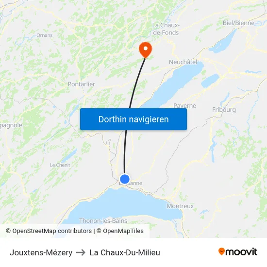 Jouxtens-Mézery to La Chaux-Du-Milieu map