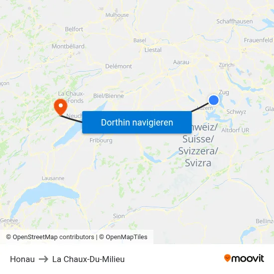 Honau to La Chaux-Du-Milieu map