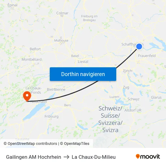 Gailingen AM Hochrhein to La Chaux-Du-Milieu map