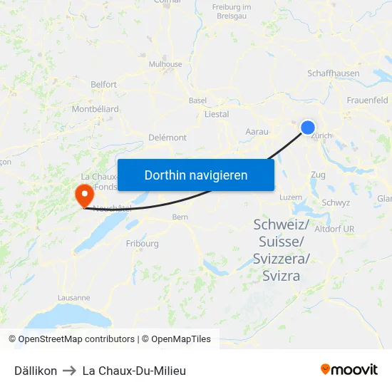 Dällikon to La Chaux-Du-Milieu map