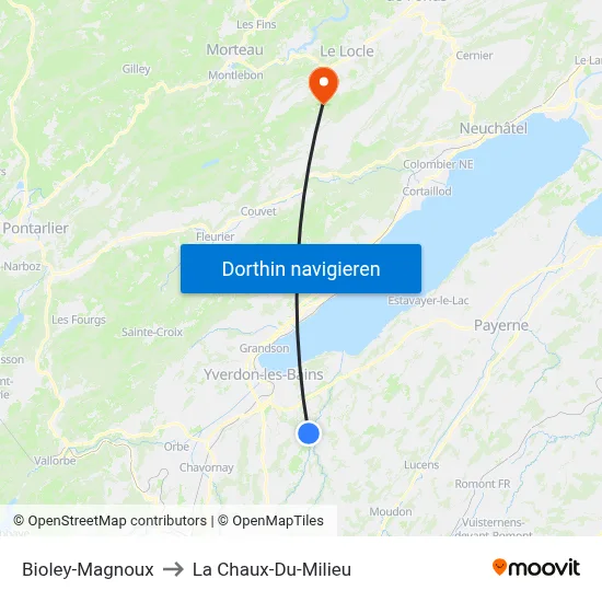 Bioley-Magnoux to La Chaux-Du-Milieu map