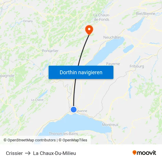 Crissier to La Chaux-Du-Milieu map