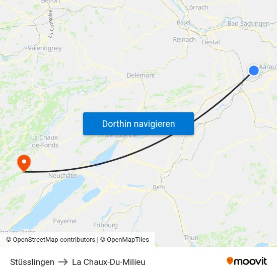 Stüsslingen to La Chaux-Du-Milieu map
