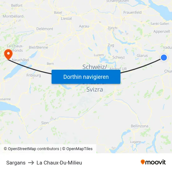 Sargans to La Chaux-Du-Milieu map