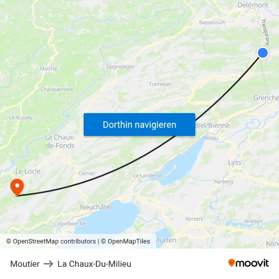 Moutier to La Chaux-Du-Milieu map