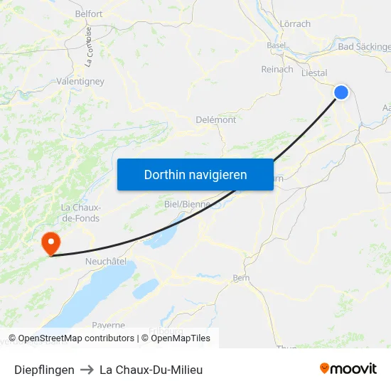 Diepflingen to La Chaux-Du-Milieu map