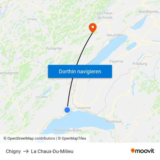 Chigny to La Chaux-Du-Milieu map