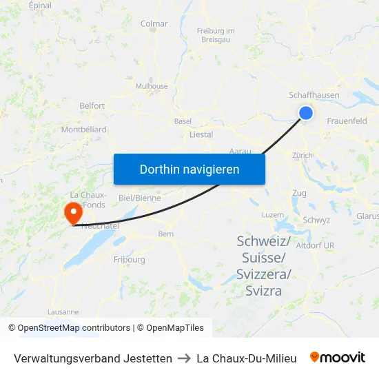 Verwaltungsverband Jestetten to La Chaux-Du-Milieu map