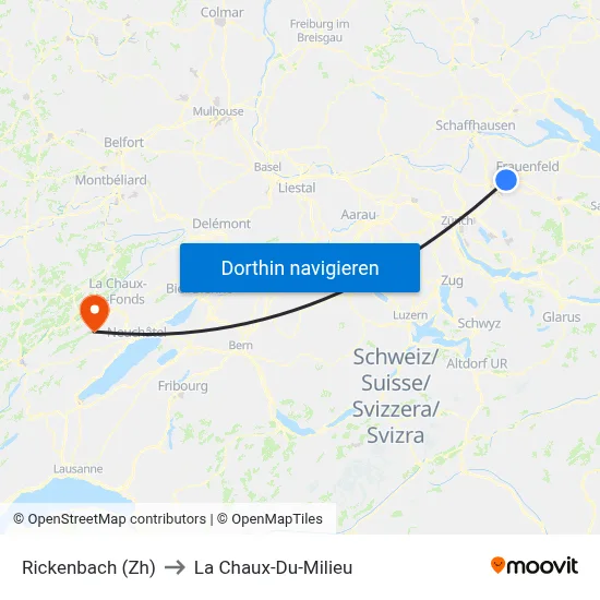 Rickenbach (Zh) to La Chaux-Du-Milieu map