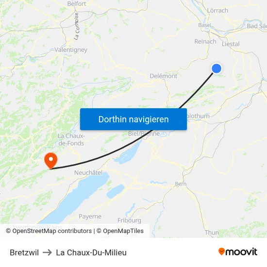 Bretzwil to La Chaux-Du-Milieu map