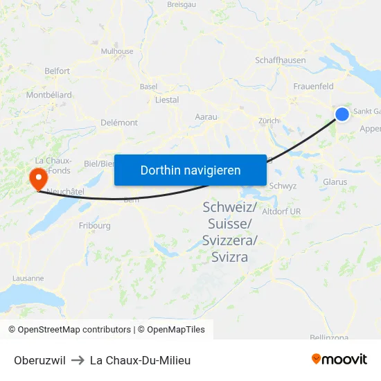 Oberuzwil to La Chaux-Du-Milieu map