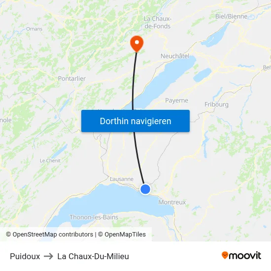 Puidoux to La Chaux-Du-Milieu map