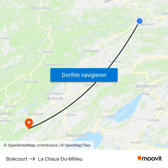 Boécourt to La Chaux-Du-Milieu map