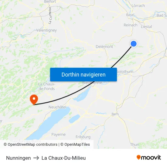Nunningen to La Chaux-Du-Milieu map