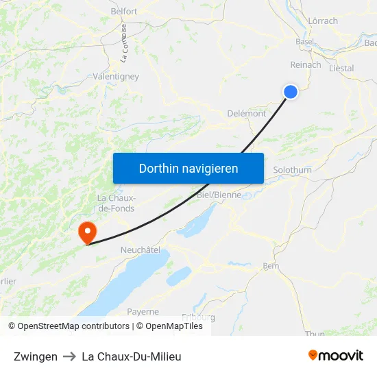 Zwingen to La Chaux-Du-Milieu map