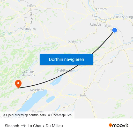 Sissach to La Chaux-Du-Milieu map