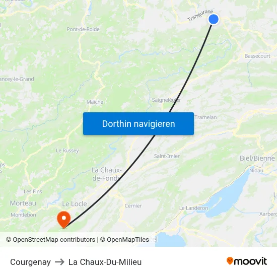 Courgenay to La Chaux-Du-Milieu map