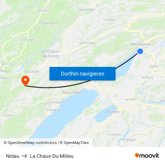 Nidau to La Chaux-Du-Milieu map